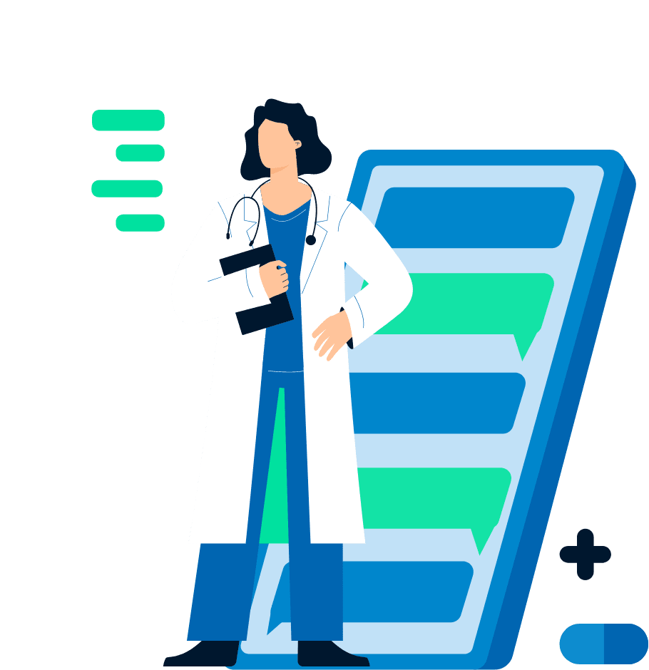 Support Info Graphic, woman with clipboard and lab coat